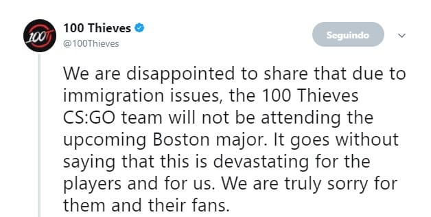 Equipe brasileira da 100Thieves não participará da Major de CS:GO, o motivo é angustiante twitter1 1