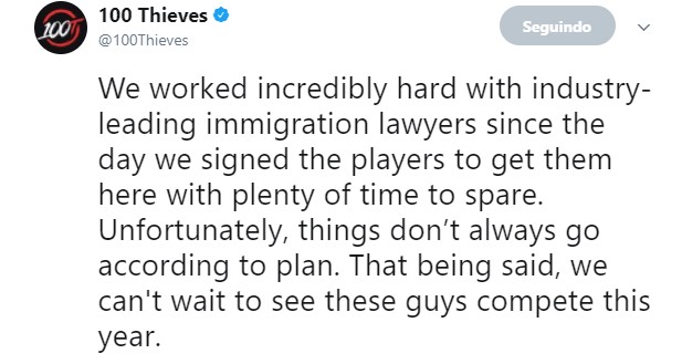 Equipe brasileira da 100Thieves não participará da Major de CS:GO, o motivo é angustiante twitter2