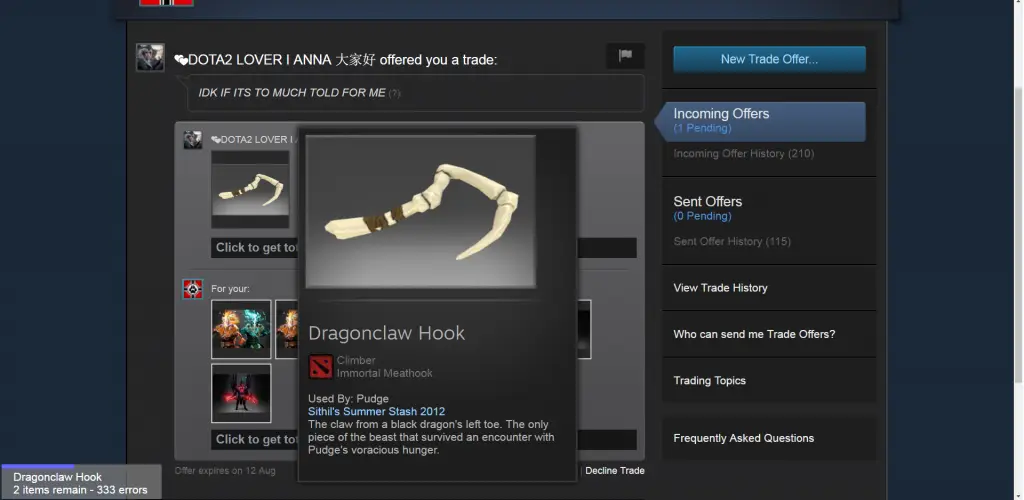 Item em game da Steam ajudava a enganar e roubar jogadores de Dota 2 2 Item em jogo Dragonclaw Hook na Steam ajudava a enganar e roubar jogadores de Dota 2 3