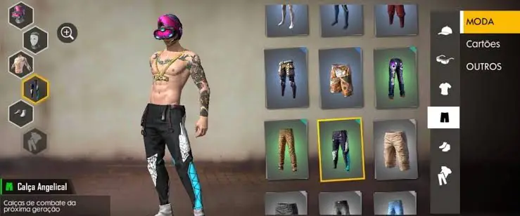 Como ganhar diamantes no Free Fire em 2026? 4 Imagem da aba de personalização das roupas do seu personagem, mostrando um homem com calças do jogo e camiseta a escolher.