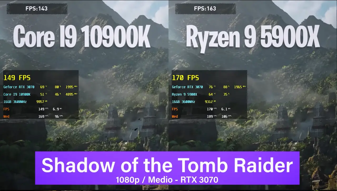 Ryzen 9 5900X vs Core I9 10900K em 16 Games 1080p | RTX 3070 11 AMD Ryzen 5900X