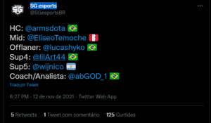 SG esports anuncia novo elenco de dota 2 sg