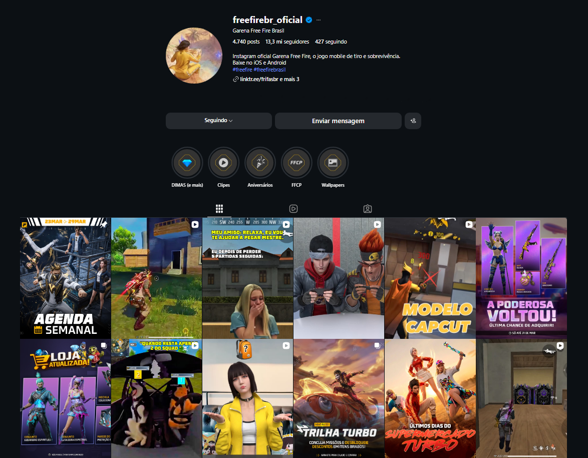 Como ganhar diamantes no Free Fire em 2026? 3 Página do instagram do jogo Free Fire, mostrando uma gama de posts relacionados.