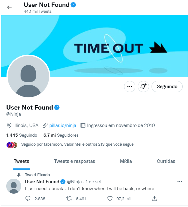 Ninja pausa lives para cuidar da saúde mental; entenda 2 Perfil do twitter de Ninja fechado