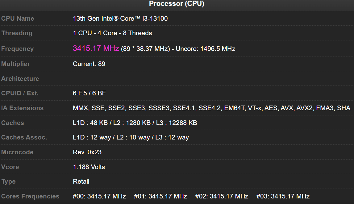 Informações Intel Core i3-13100 CPU-Z