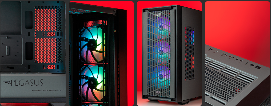 gabinete_gamer_pegasus Gabinete gamer Pegasus em diversos ângulos