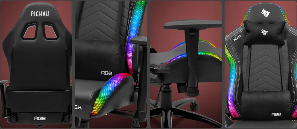 Destaque em quatro fotos para partes diferentes de uma cadeira gamer preta e detalhes coloridos nas laterais.