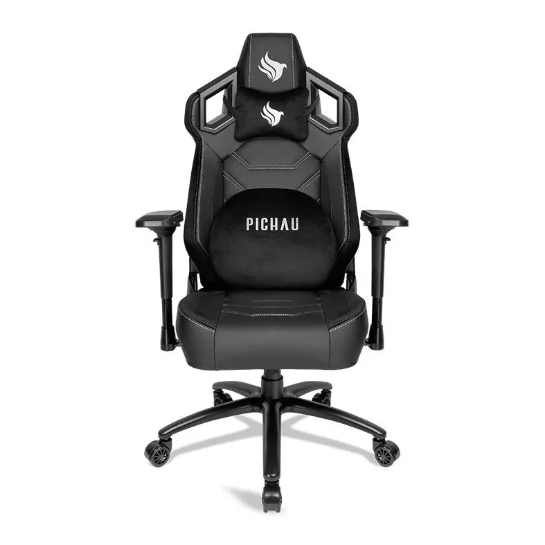 Cadeira gamer preta bem estruturada em fundo branco.