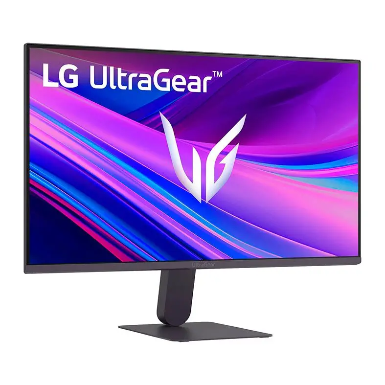 Monitor gamer LG UltraGear preto com detalhes na tela e fundo branco.