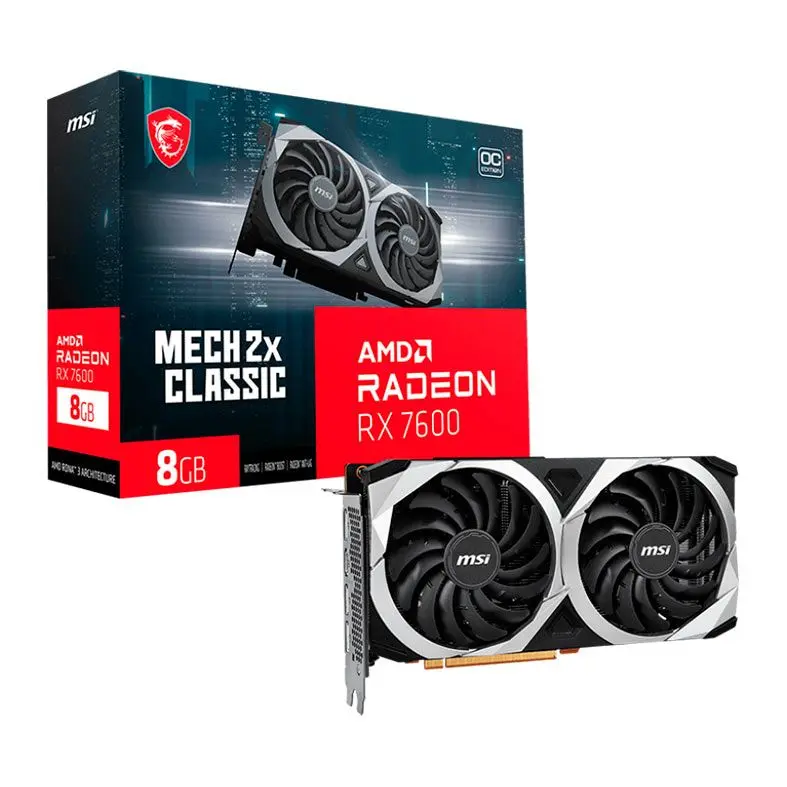 Placa de vídeo AMD RADEON ao lado de sua caixa e fundo branco.