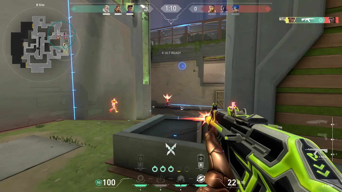 Personagens de Valorant no mapa do jogo, mostrando o ponto de vista do jogador segurando uma arma.