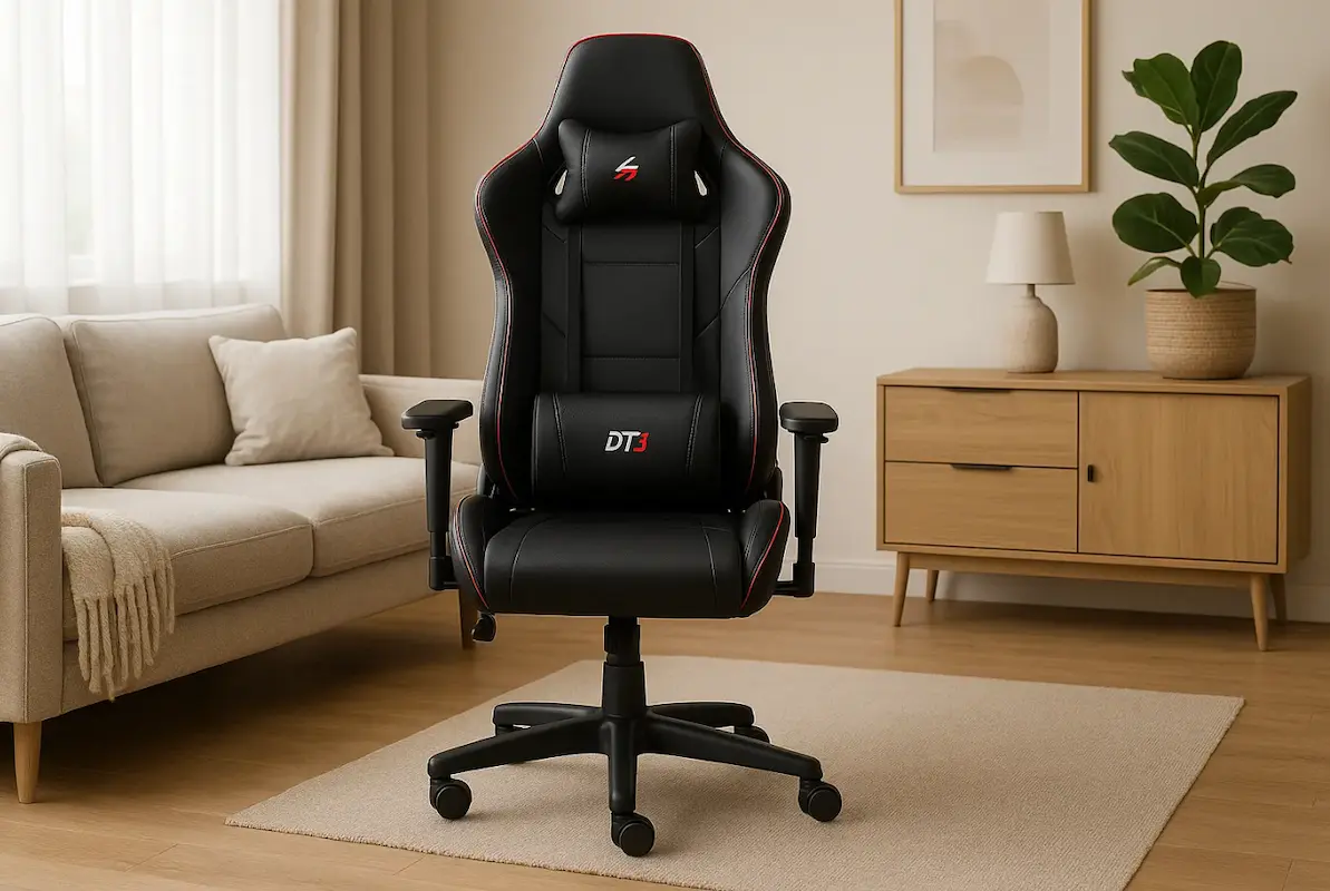 Cadeira gamer preta robusta numa sala em tons neutros.