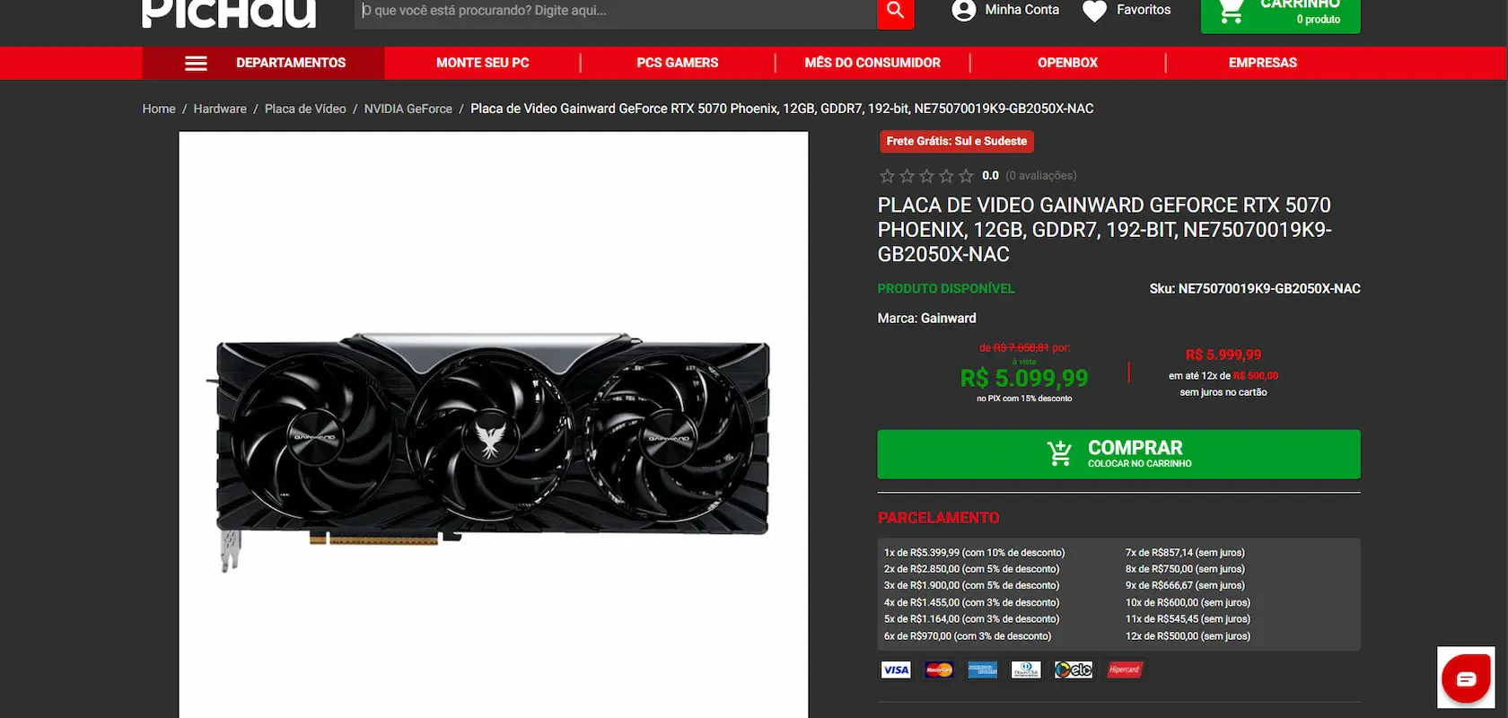 Página de produto com GPU Gainward GeForce RTX 5070 Phoenix e preço promocional.