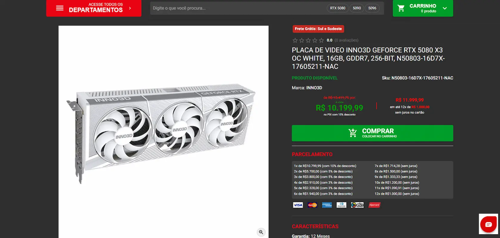 Página de produto com GPU INNO3D GeForce RTX 5080 branca e preço em destaque.