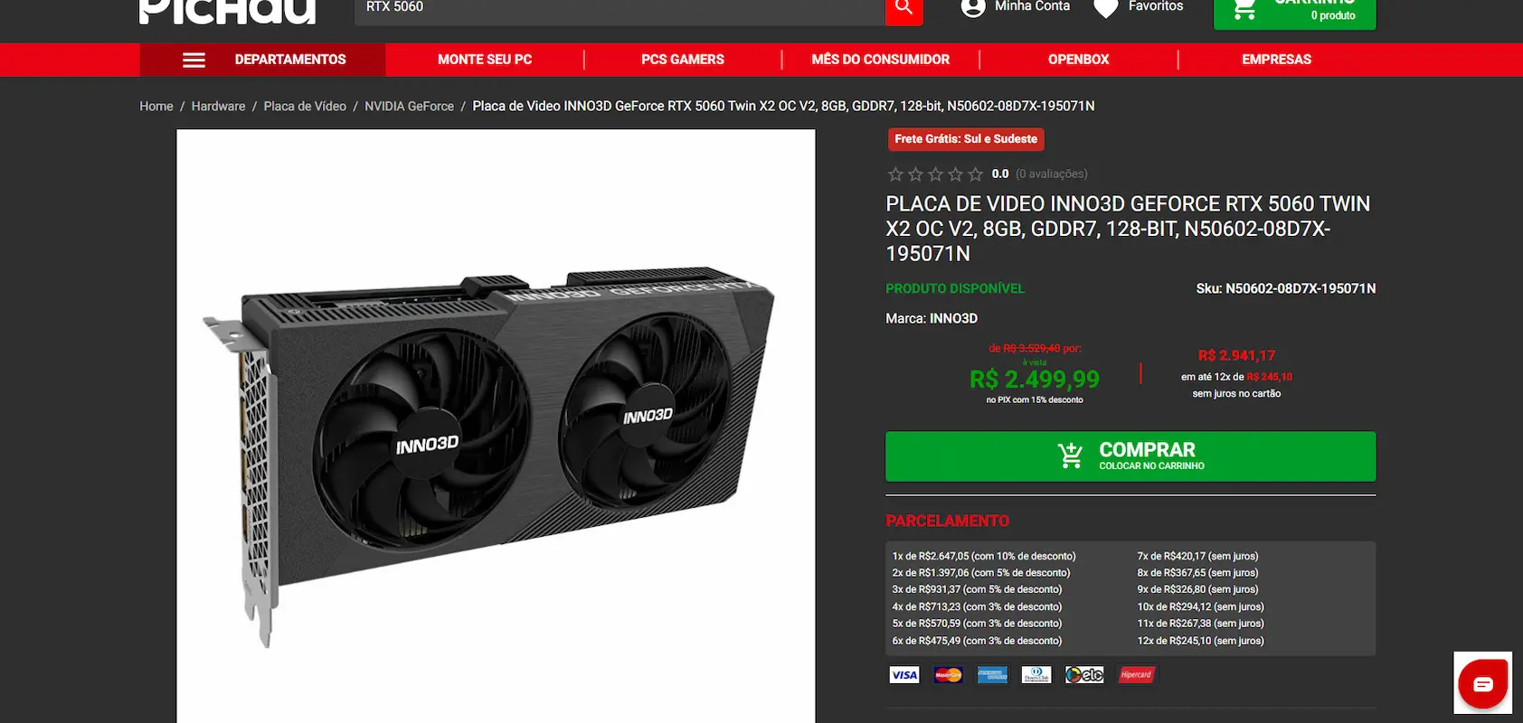 Página de produto com GPU INNO3D GeForce RTX 5060 Twin X2 e preço promocional.