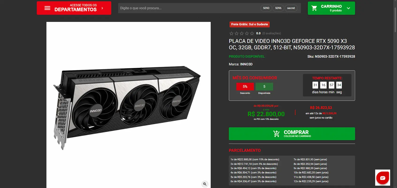 Página de produto com placa de vídeo INNO3D RTX 5090 X3 e preço em destaque.