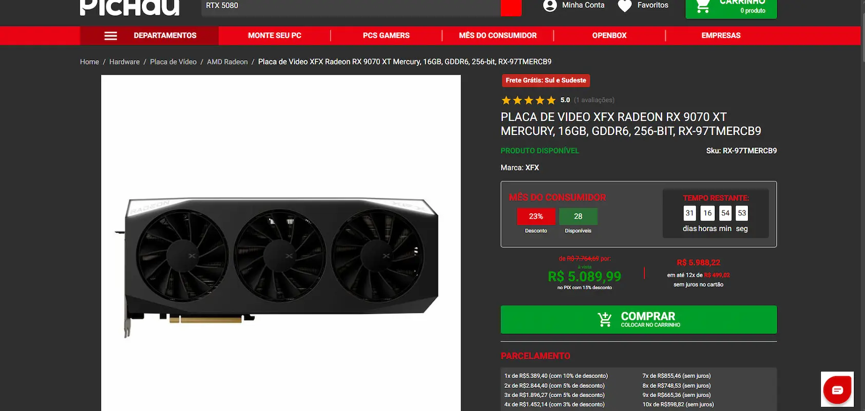 Página de produto com GPU XFX Radeon RX 9070 XT e preço promocional em destaque.
