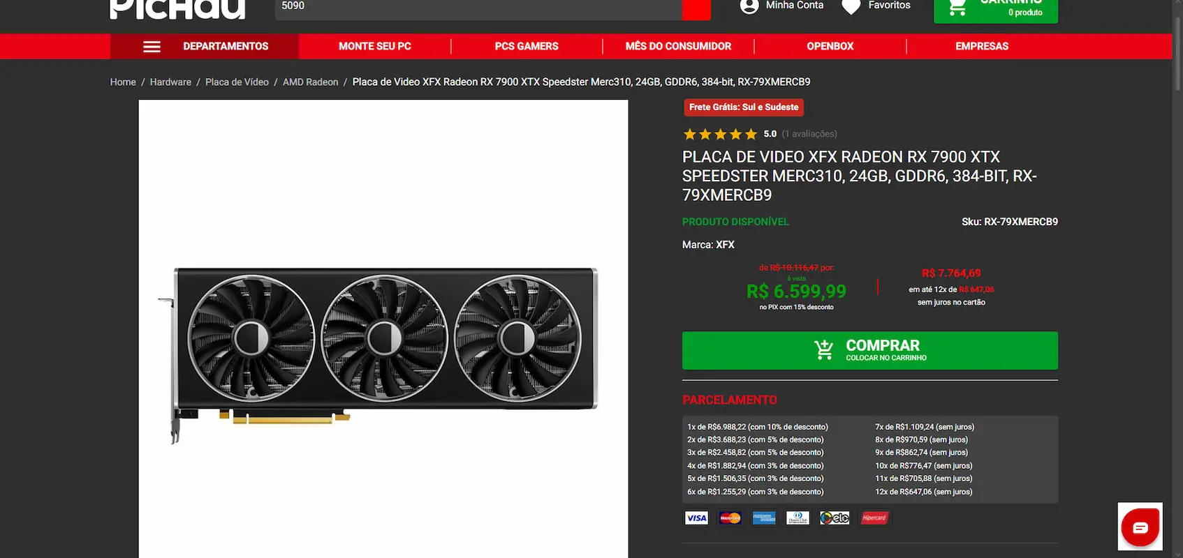 Página de produto da GPU XFX Radeon RX 7900 XTX com preço e botão de compra.