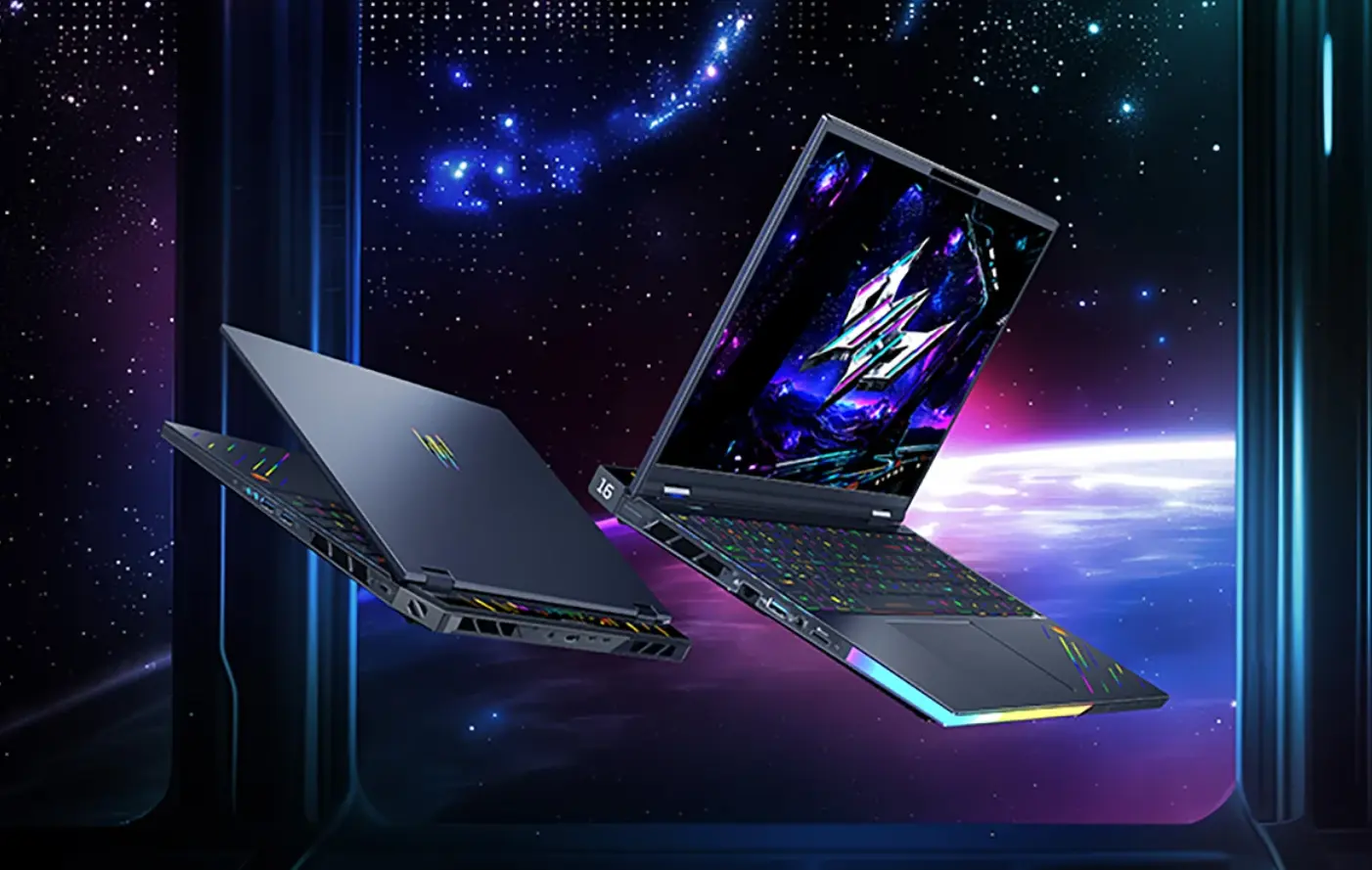 Notebook gamer em fundo espacial, sendo mostrado aberto ou semi-fechado.