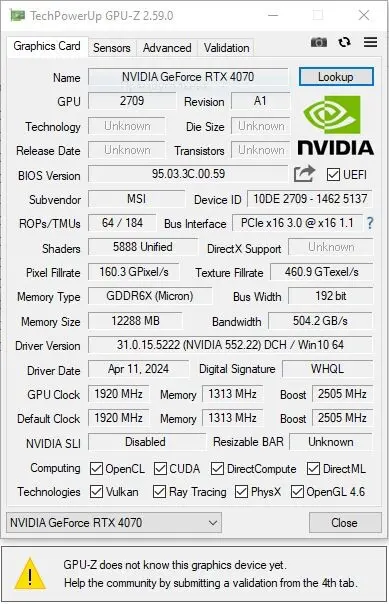 Nova versão da GPU NVIDIA GeForce RTX 4070 aparece no CPU-Z 2 NVIDIA