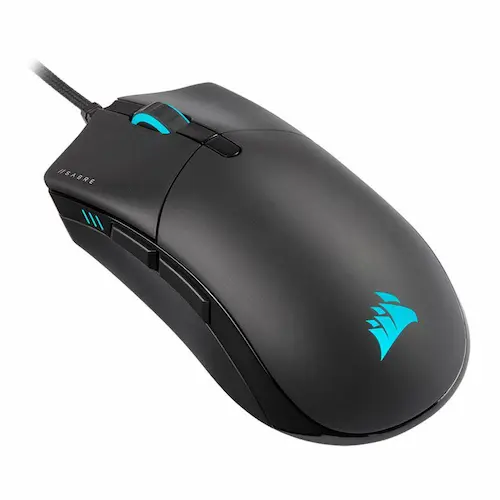 Mouse Corsair Sabre RGB Pro preto com detalhes azuis.