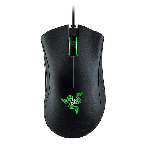 Mouse Razer DeathAdder Essential preto com detalhes verde neon.