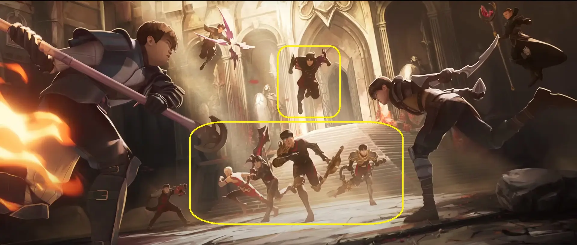 LoL Worlds 2024: Quem são os players que aparecem no fim do clipe de Heavy Is The Crown 3 tela final com marcação dos jogadores da T1