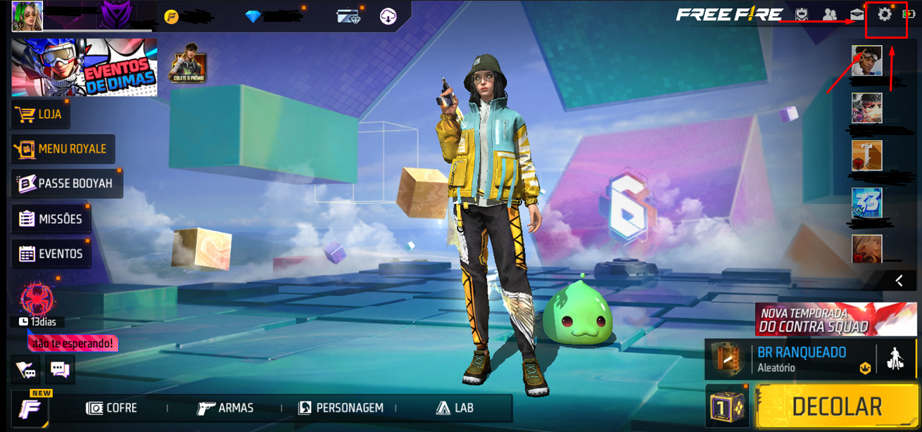 FF: Como recuperar conta "convidado" do Free Fire? Confira tutorial 2 imagem explicativa de onde encontrar a configuração no Free Fire