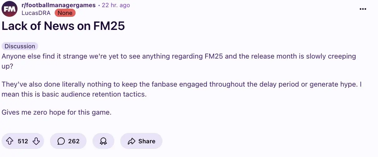 FM25: Comunidade está frustrada com silêncio sobre novidades do novo Football Manager 2 FM25: Comunidade está frustrada com silêncio sobre novidades do novo Football Manager GhKkOwpXkAAyKXr.jpg