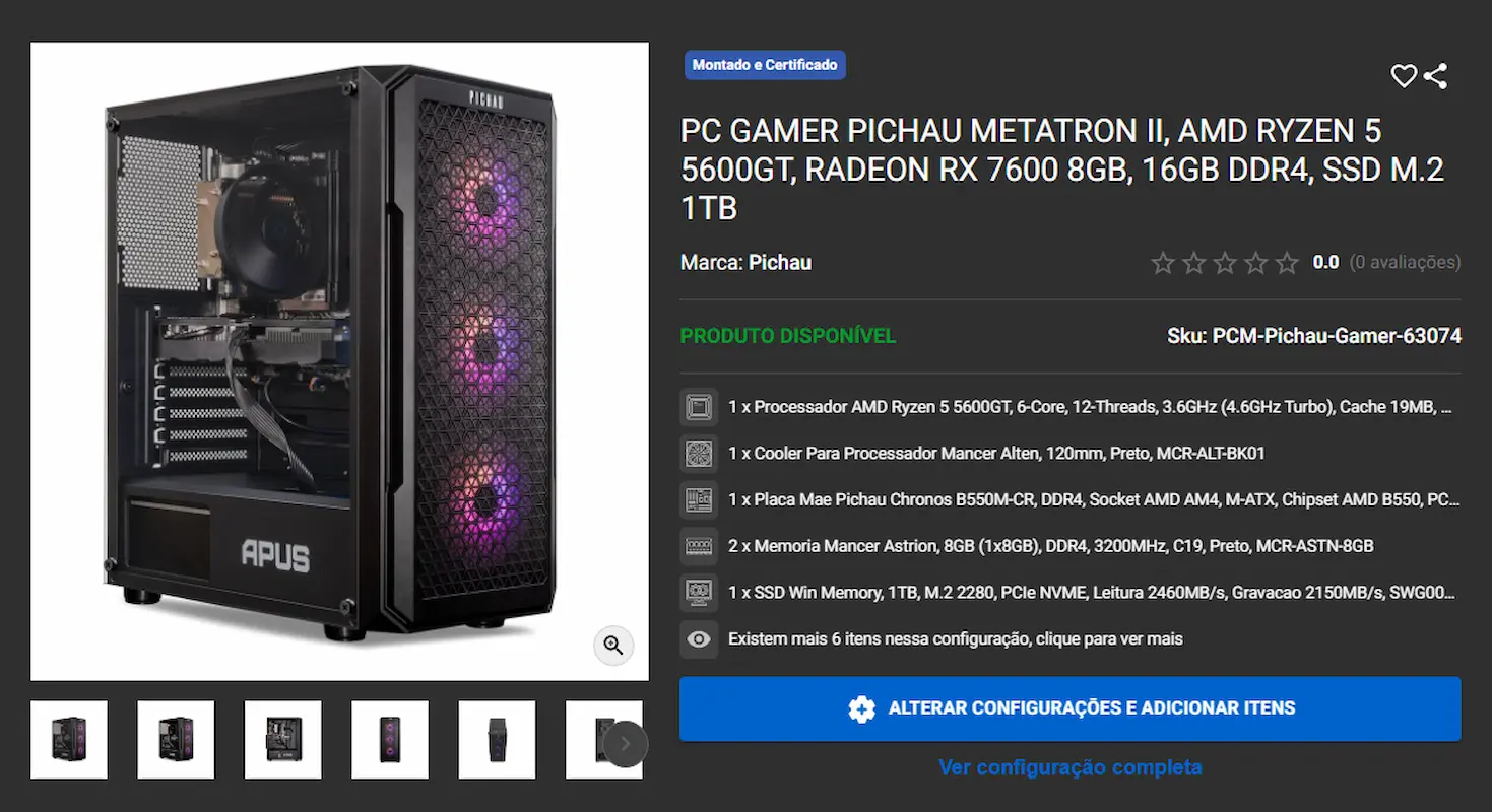 Melhores PC Gamers disponíveis em promoção na Pichau 3 Página de produto de PC gamer Pichau e especificações técnicas.