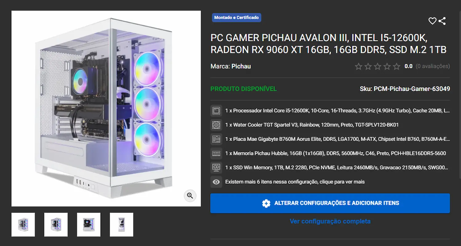 Melhores PC Gamers disponíveis em promoção na Pichau 4 Página de produto de PC gamer Pichau e especificações técnicas.