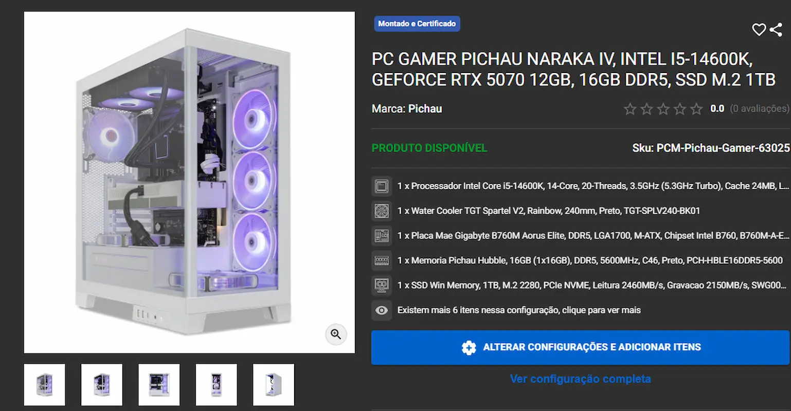 Melhores PC Gamers disponíveis em promoção na Pichau 5 Página de produto de PC gamer Pichau e especificações técnicas.