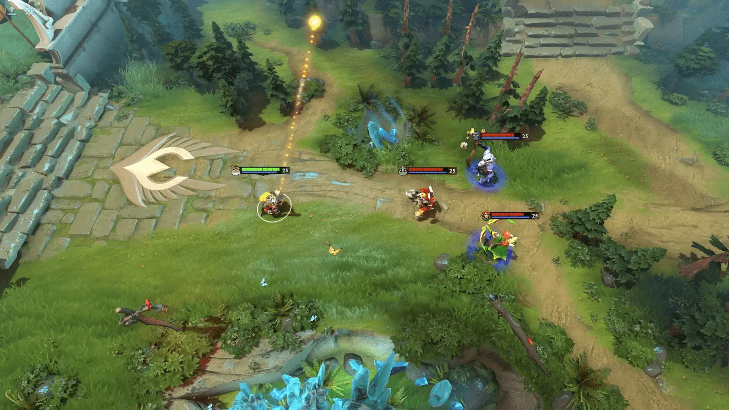 Mapa do jogo Dota 2 com personagens batalhando.