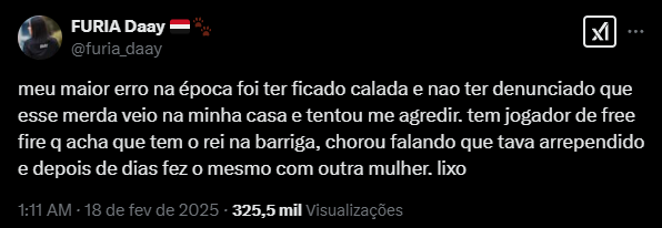 FF: Pro player recebe exposed de influenciadora; "fiquei calada e esse foi o meu erro" 3 denúncia realizada por Daay sobre tentativa de agressão feita por pro player