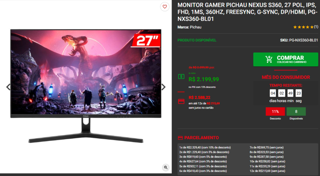 Monitor Gamer: 3 Opções Profissionais da Pichau, em Promoção Captura de tela 2025 03 27 132740