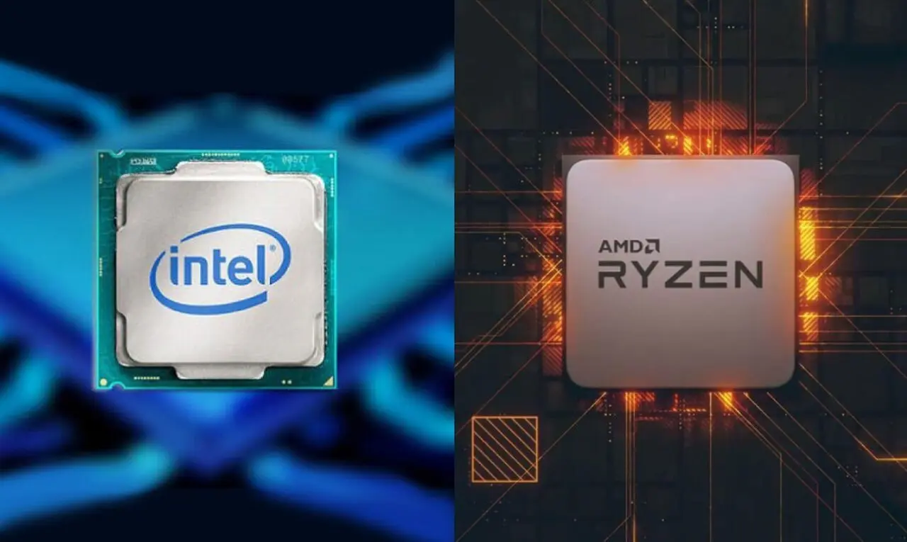 Comparatico com foto dos dois processadores: Intel Core e AMD Ryzen com fundos azul e vermelho, respectivamente.