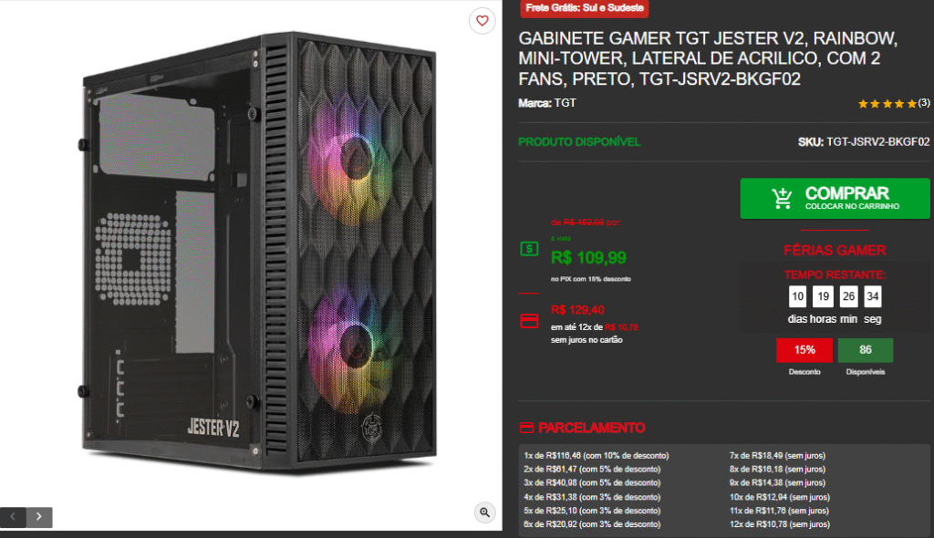 Promoção de Gabinetes, modelos Gamer a partir de R$100 Captura de tela 2025 07 07 213334