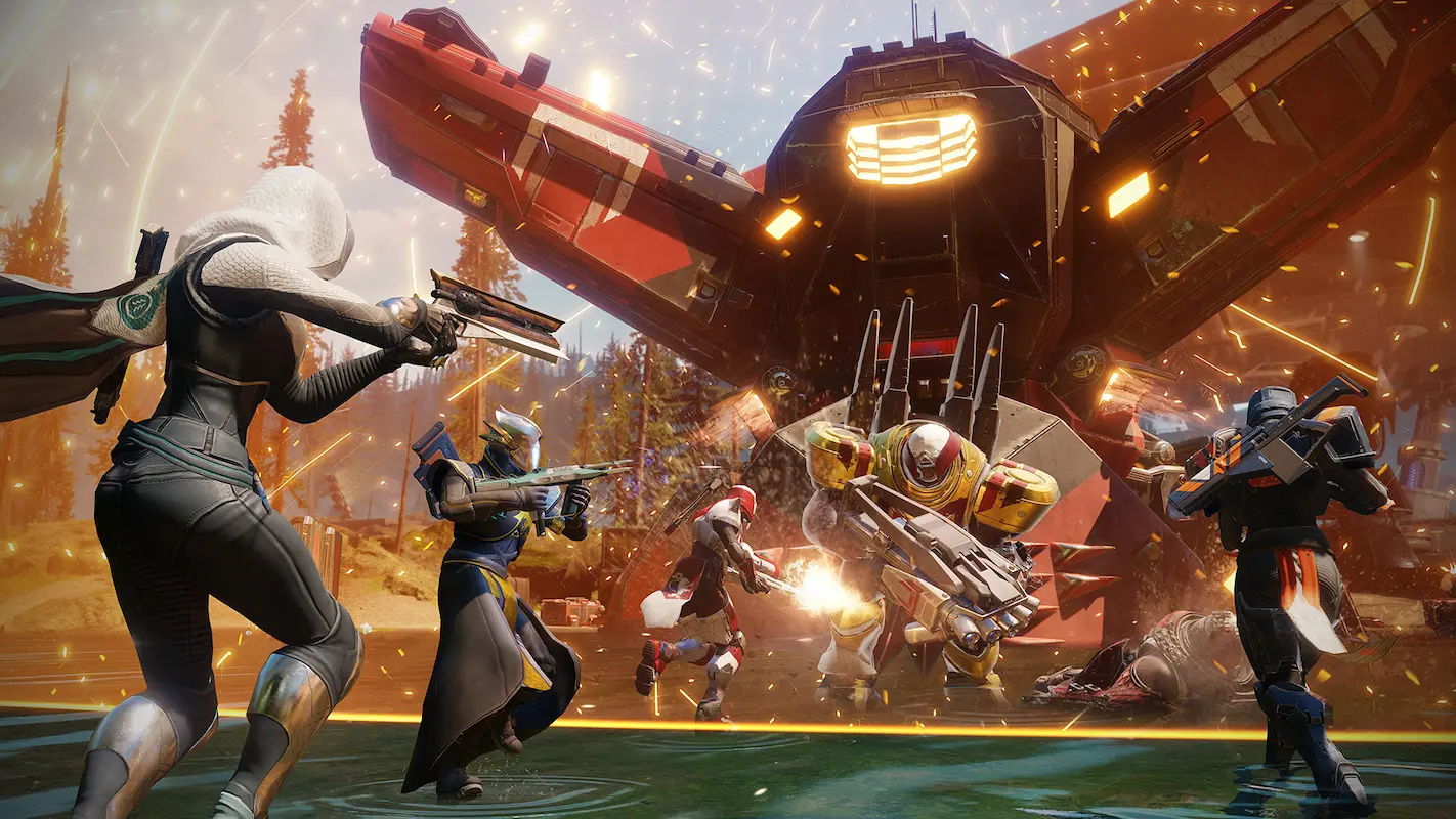 Imagem de uma batalha de robôs, naves e os personagens do jogo Destiny 2.