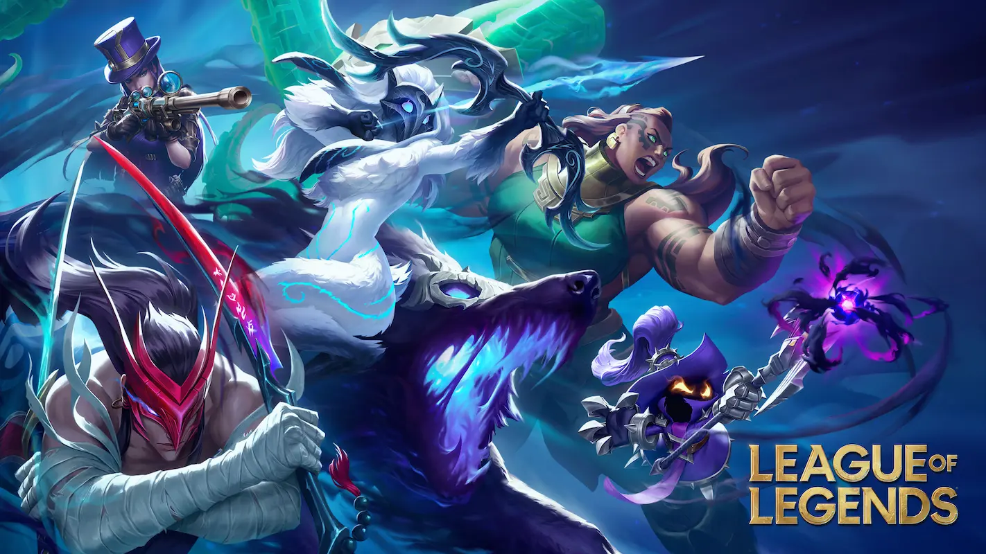 Campeões do jogo LOL em posição de ataque com o fundo de uma aurora boreal.