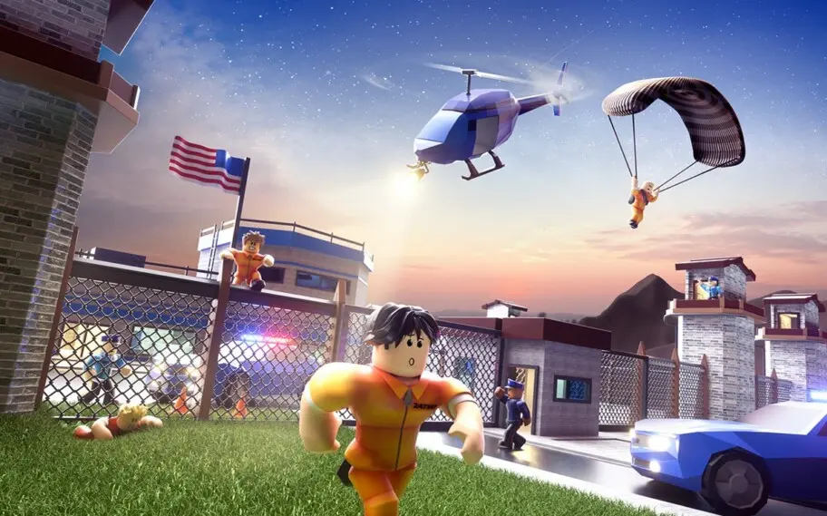 Personagem de um dos jogos dentro da plataforma de roblox fugindo da procura de um helicóptero.