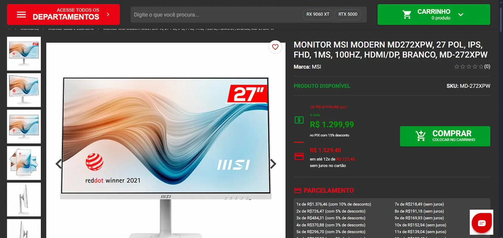 Monitor Gamer Branco MSI MD272XPW no site da Pichau.