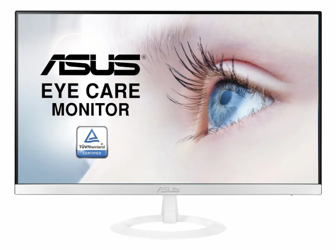 Monitor gamer Branco asus com a imagem de uma pessoa de olhos azuis abertos.