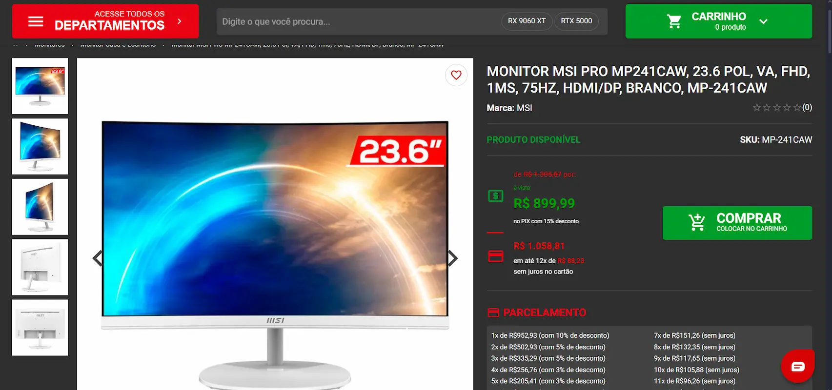 Monitor Gamer Branco MSI PRO MP241CAW.