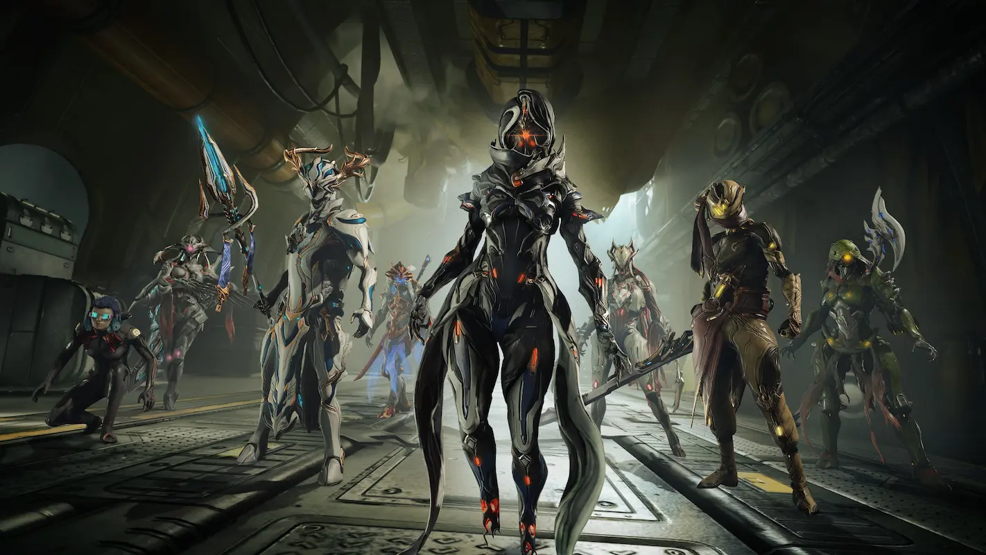Jogadores do Warframe indo para batalha.