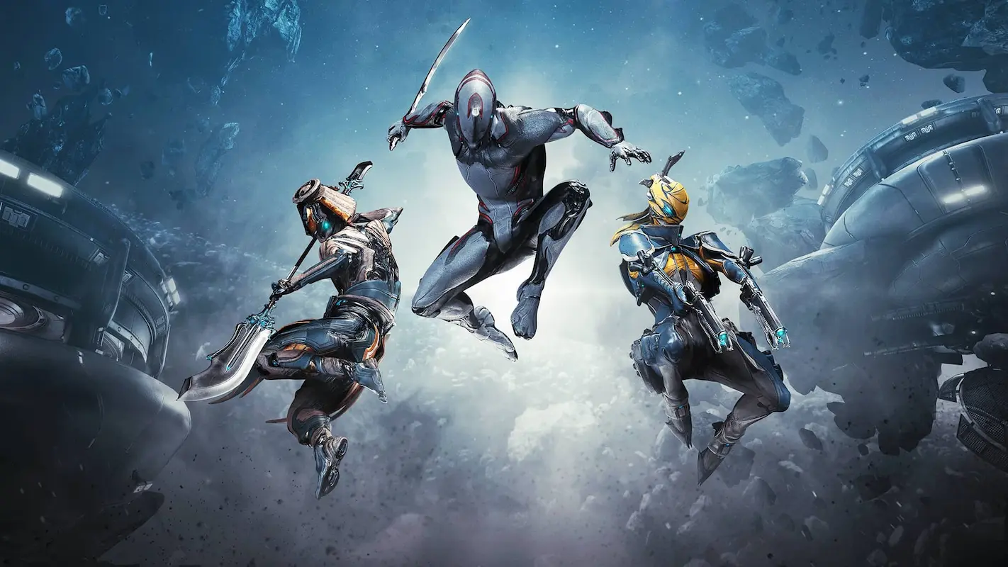 Personagens do jogo warframe flutuando prontos para atacar.