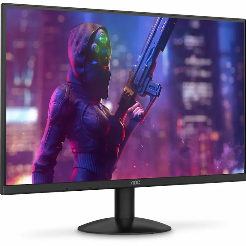 Monitor gamer AOC com personagem modernista segurando uma arma.