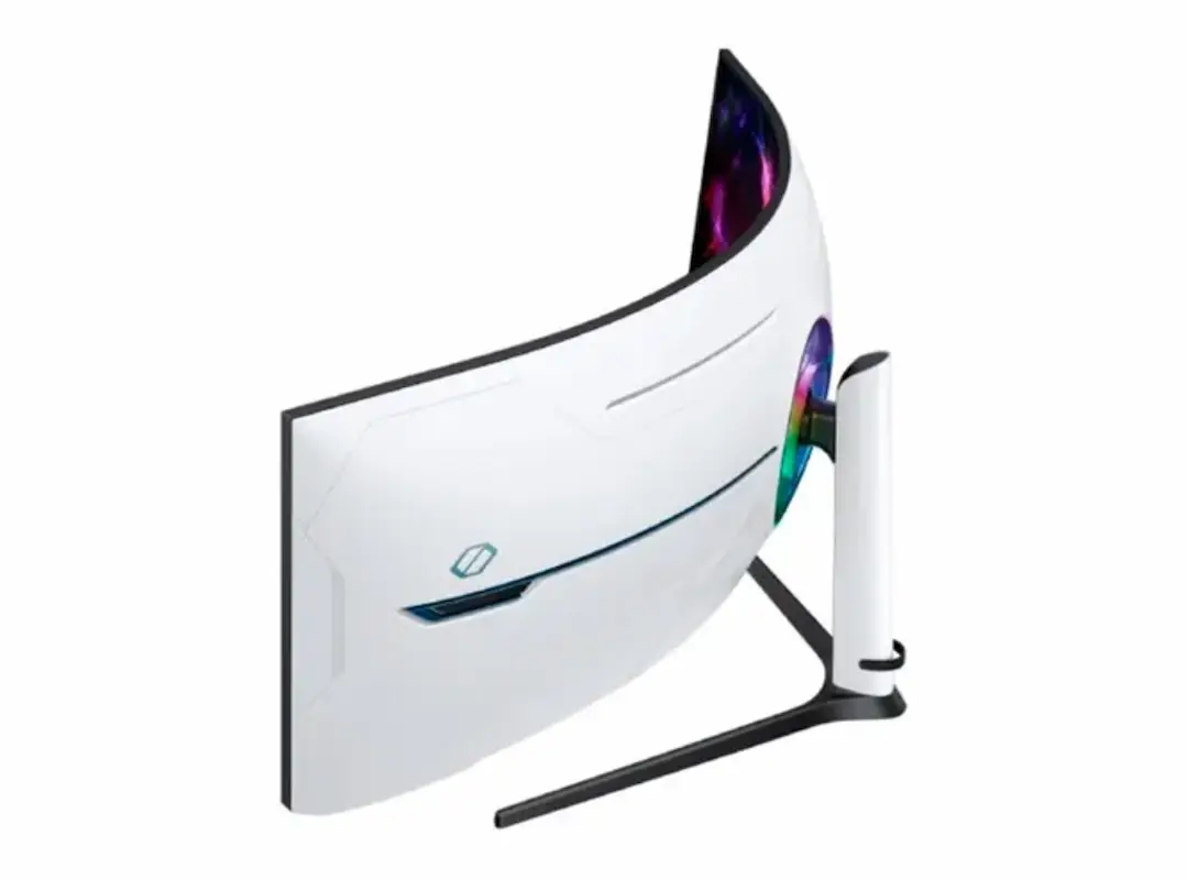 Visão traseira de um monitor curvo gamer na cor branca, destacando o design futurista com iluminação LED circular e suporte ergonômico em fundo branco.