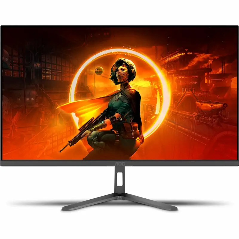 Monitor gamer AOC com lutadora na tela.