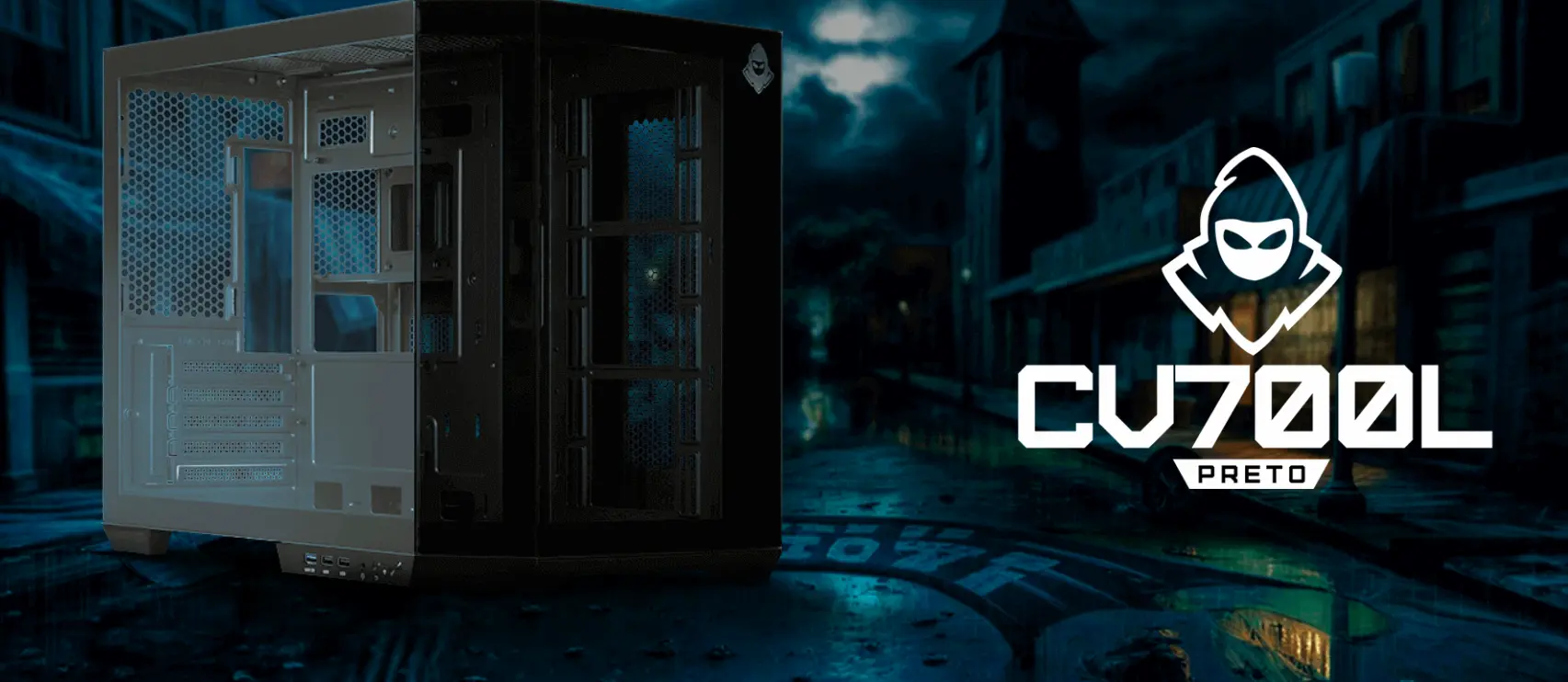 Gabinete gamer mancer cv700 iluminado por luzes azuis.
