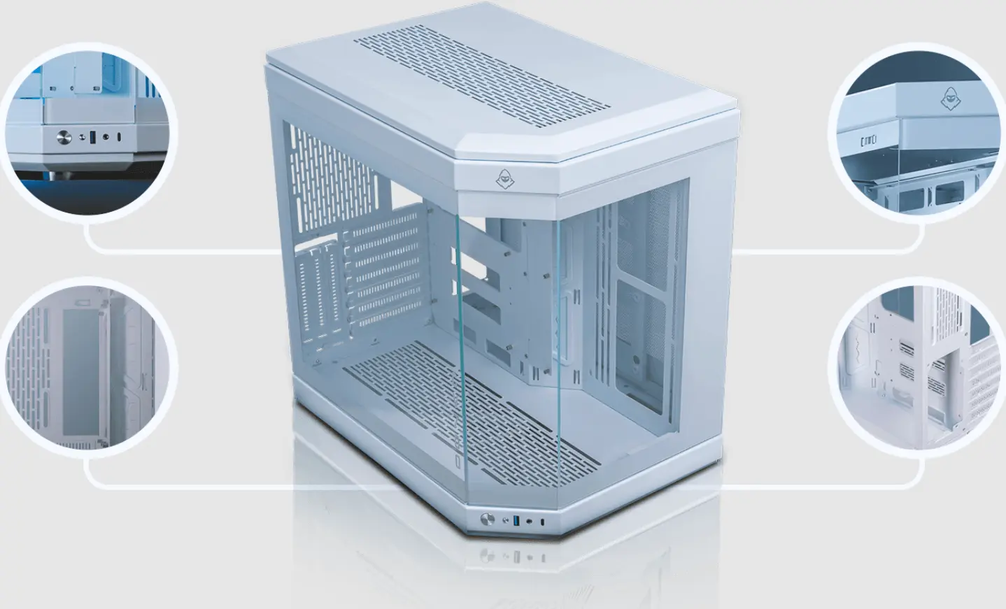 Gabinete mancer cv700 na cor branca com vidro nas laterais, dando destaque às peças.